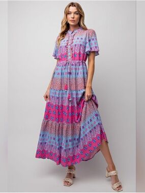 Nwots POL Bohemian Pink & Blue Floral Tiered Maxi Dress